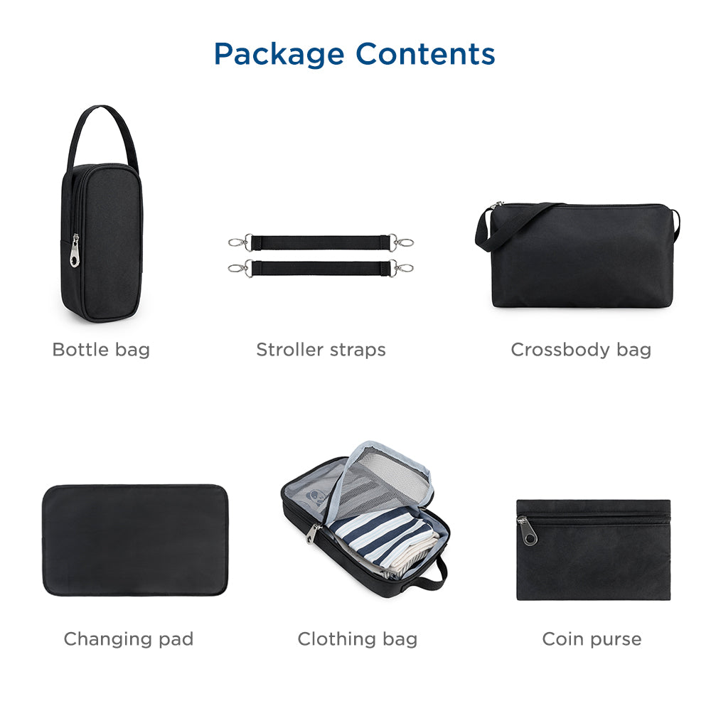 LITTLE STORY Set of 7 - Quilted Diaper Bag with Stroller Straps and Changing Mat - Black