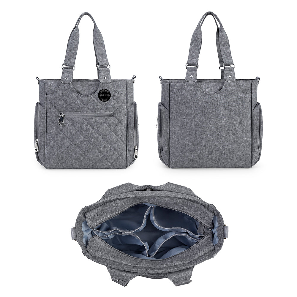 LITTLE STORY Set of 7 - Quilted Diaper Bag with Stroller Straps and Changing Mat - Grey