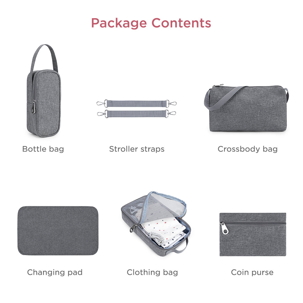 LITTLE STORY Set of 7 - Quilted Diaper Bag with Stroller Straps and Changing Mat - Grey