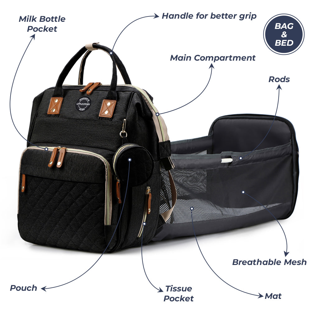 LITTLE STORY - Diaper Bag wt portable bassinet bed & pacifier pouch - Black