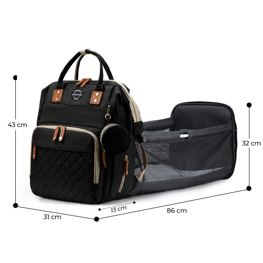 LITTLE STORY - Diaper Bag wt portable bassinet bed & pacifier pouch - Black
