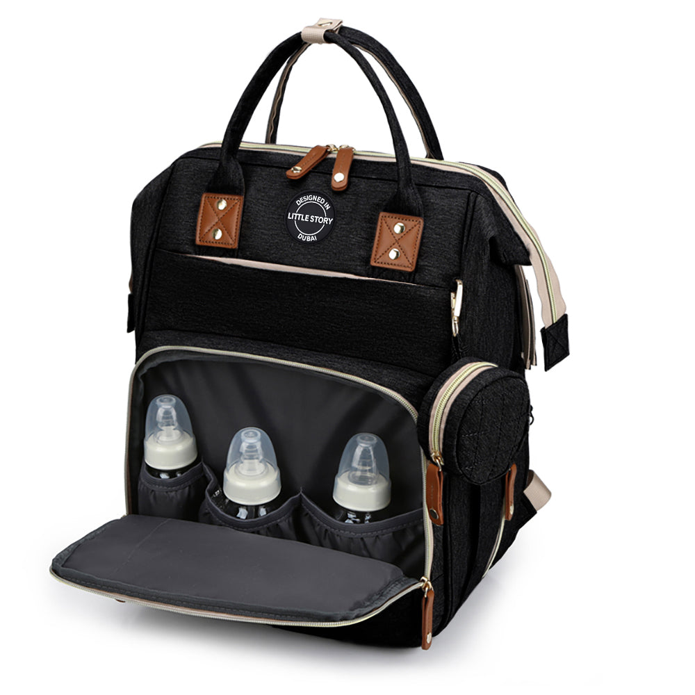 LITTLE STORY - Diaper Bag wt portable bassinet bed & pacifier pouch - Black