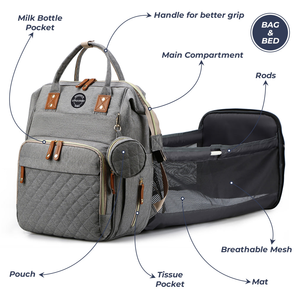 LITTLE STORY - Diaper Bag wt portable bassinet bed & pacifier pouch - Grey