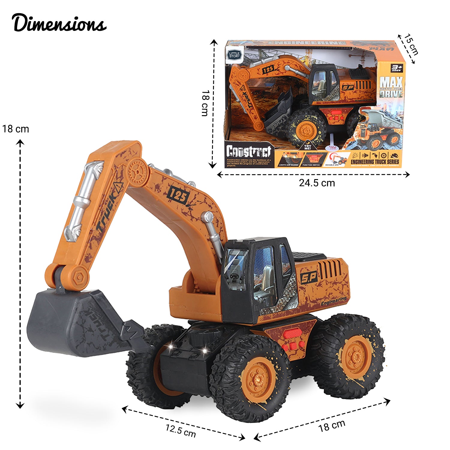 LITTLE STORY Simulation Inertial Engineering Excavator Toy Vehicle With Light and Sound, Included 3*AG13 Cell Battery - Yellow