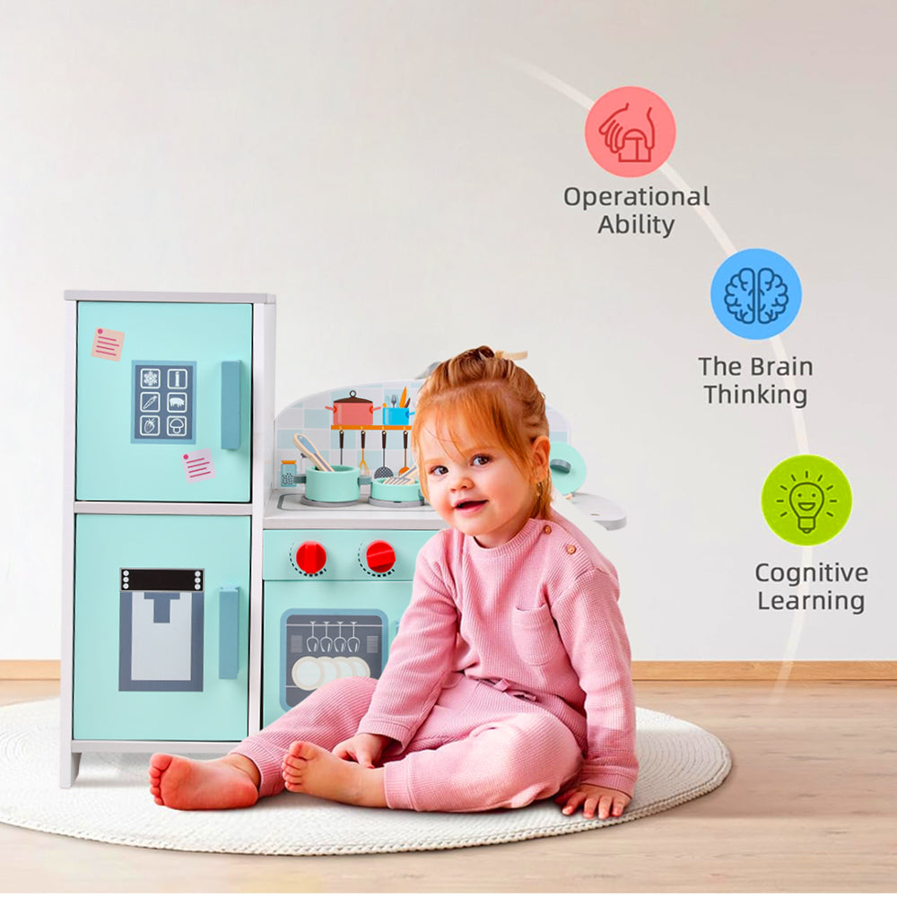 LITTLE STORY Wooden Kitchen w/ Refrigerator and Accessories - Teal