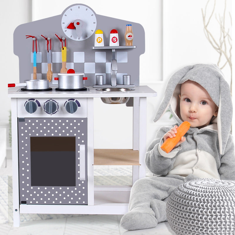 LITTLE STORY Wooden Kitchen w/ Wall Clock - Slate Grey