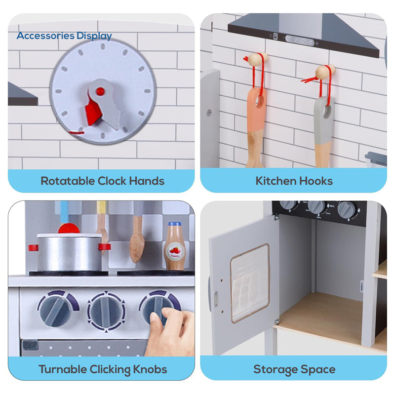 LITTLE STORY Wooden Kitchen w/ Wall Clock - Slate Grey