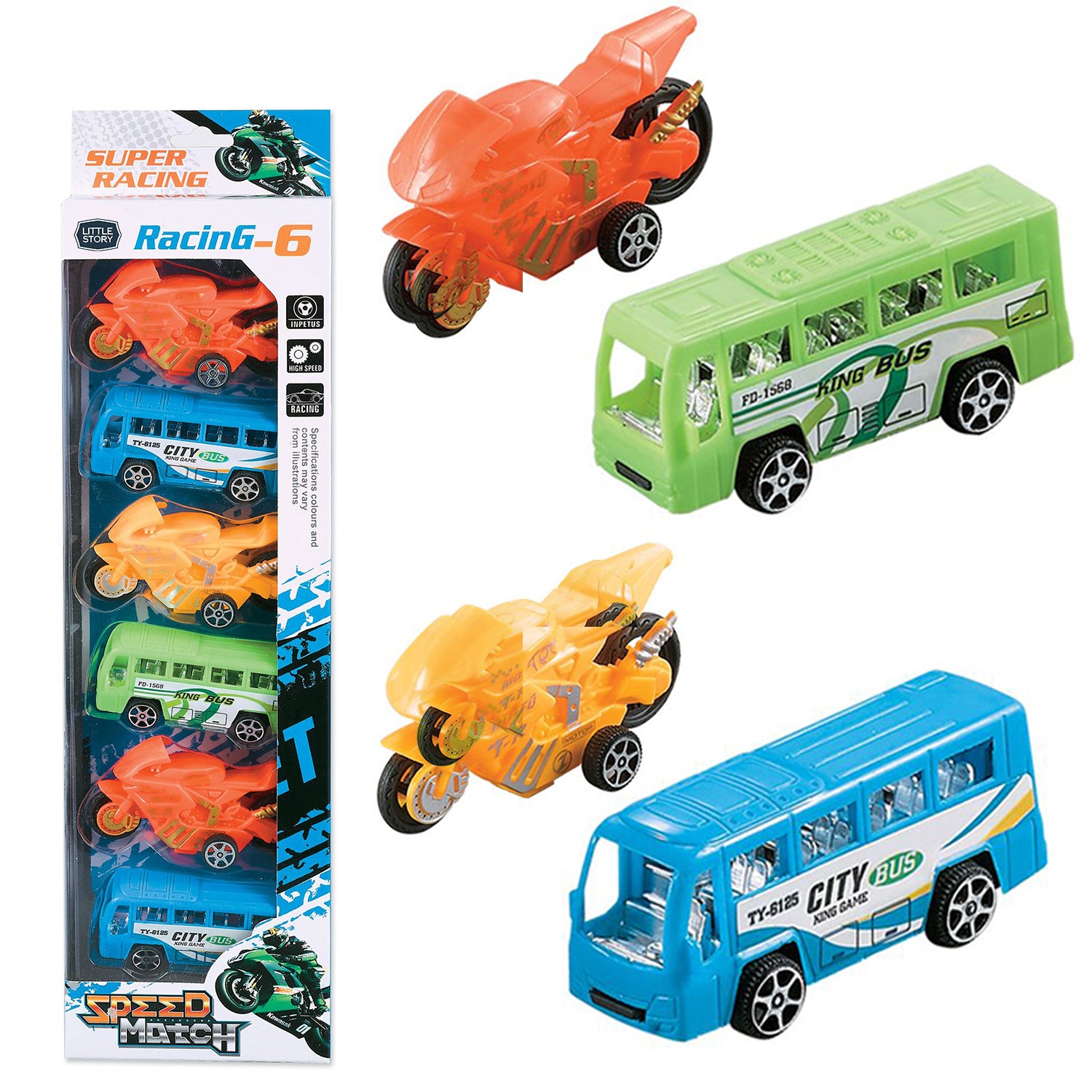 LITTLE STORY - Kids Toy Pull Back Bus and Motor Car - Set of 6pcs