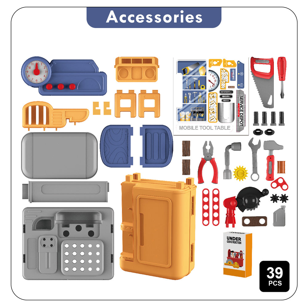 LITTLE STORY Role Play Mechanic/Tools Table Toy Set Luggage Case (39 Pcs) - Yellow, 4 - In - 1 Mode