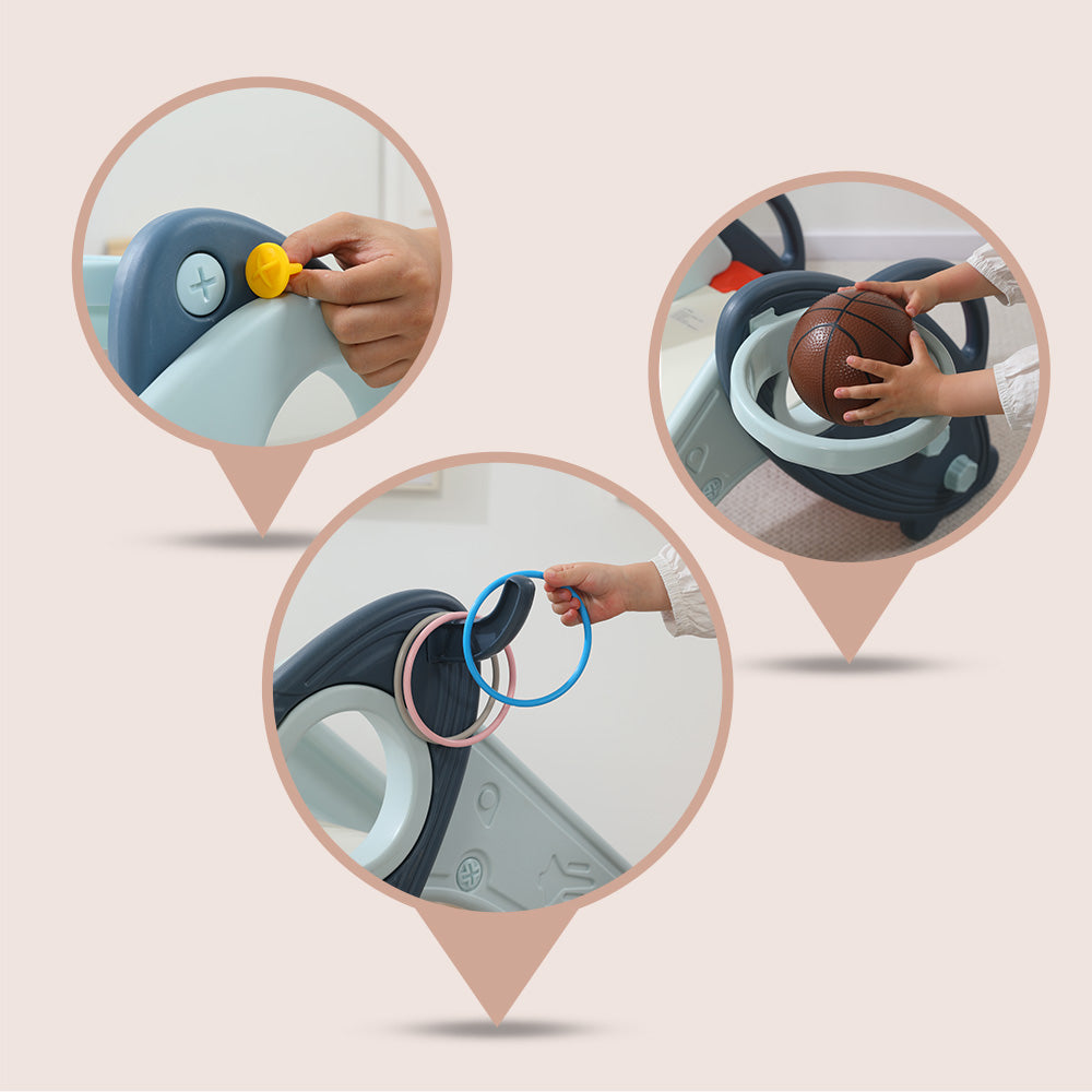 قصة صغيرة - لعبة زحليقة أطفال 3 في 1 مع كرة سلة وحلقة - أزرق