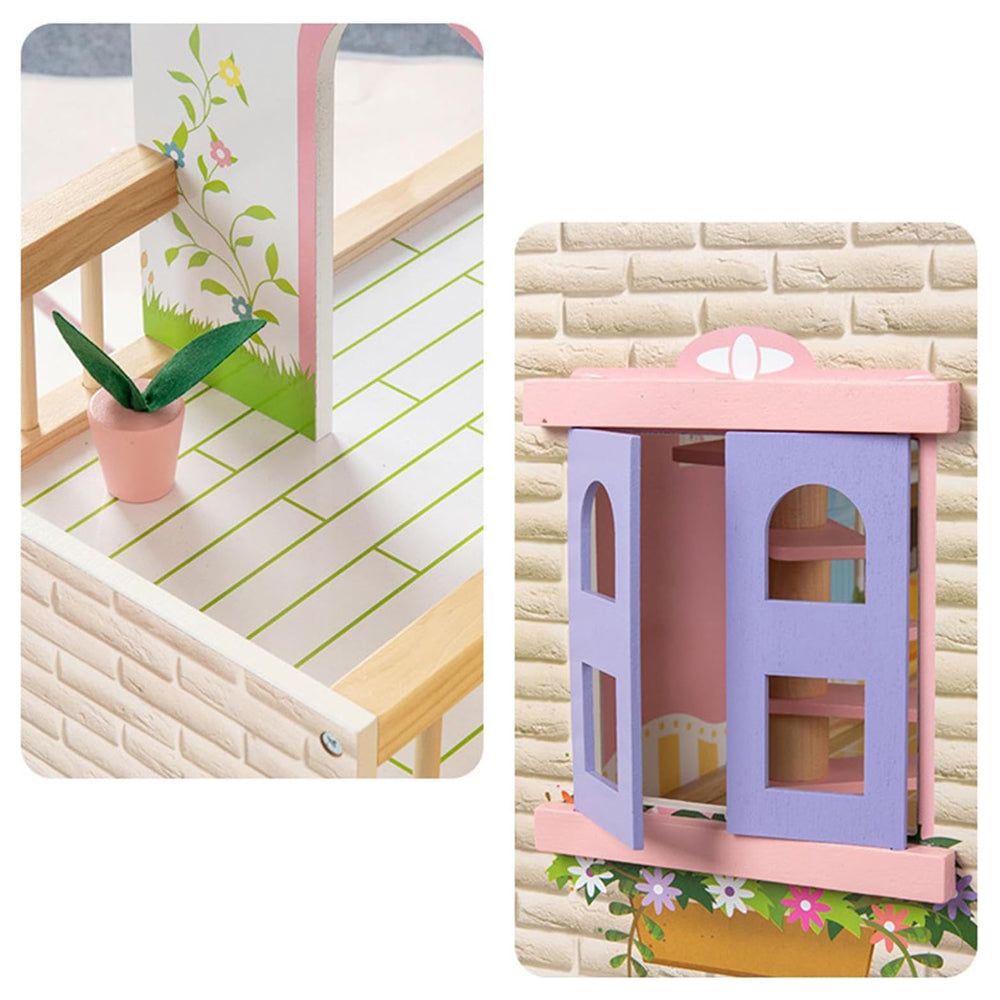 LITTLE STORY Wooden Dollhouse 3 floors w/ Furniture, Accessories & Dolls - Multicolor