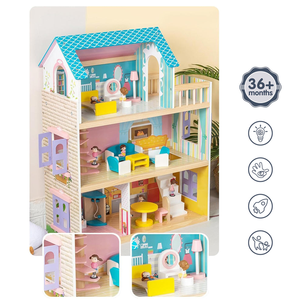 LITTLE STORY Wooden Dollhouse 3 floors w/ Furniture, Accessories & Dolls - Multicolor