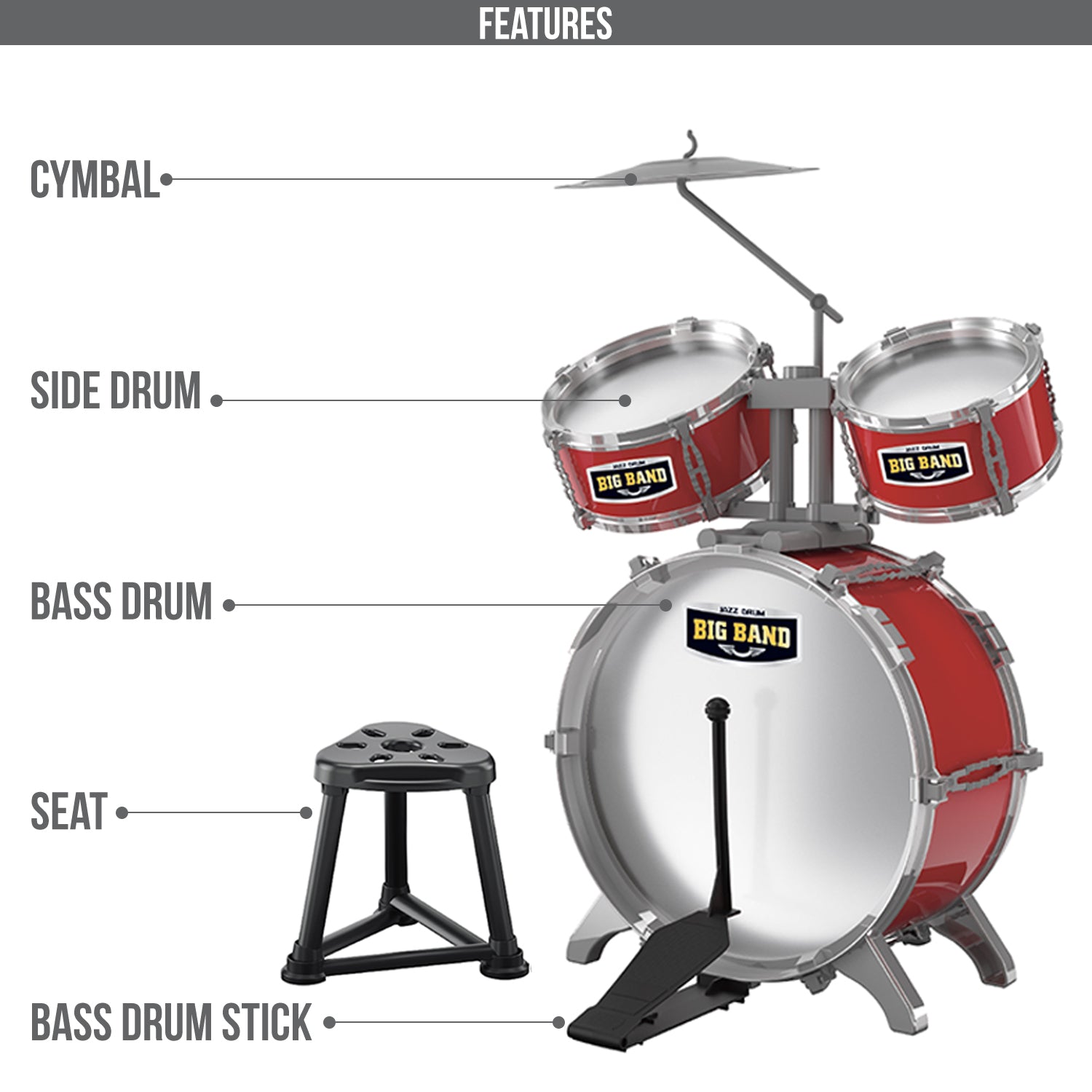 LITTLE STORY - Kids Drum Set Musical Instrument wt Stool - Red