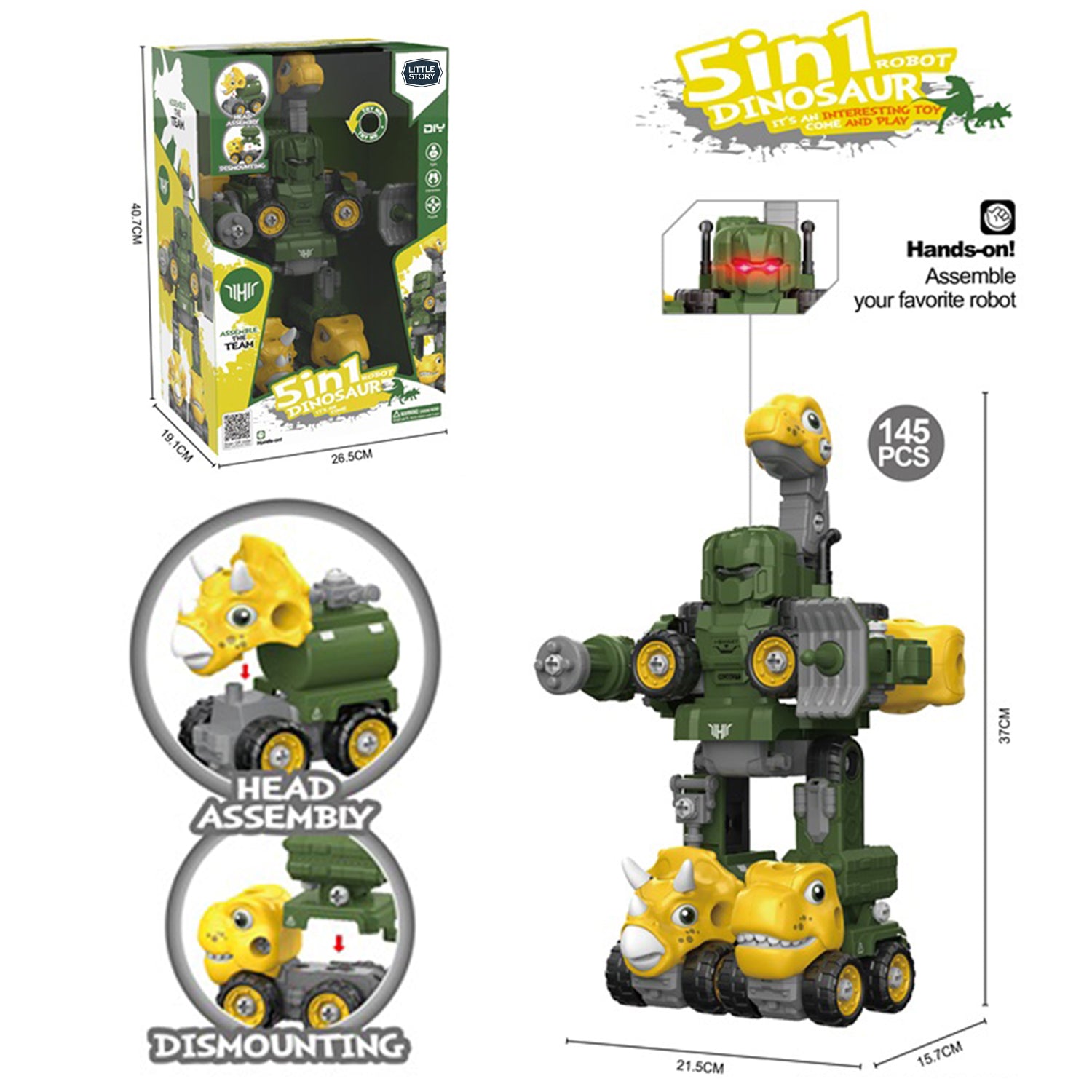 LITTLE STORY - Kids Toy 5in1 Dinosaur Robot Transformation Vehicle - Green