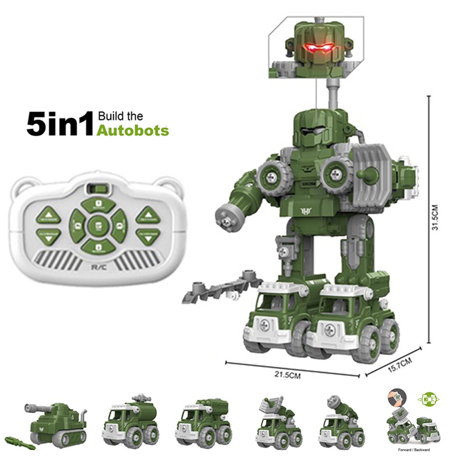 LITTLE STORY - Kids Toy 5in1 Military Robot Transformation Vehicle with Remote Control - Green