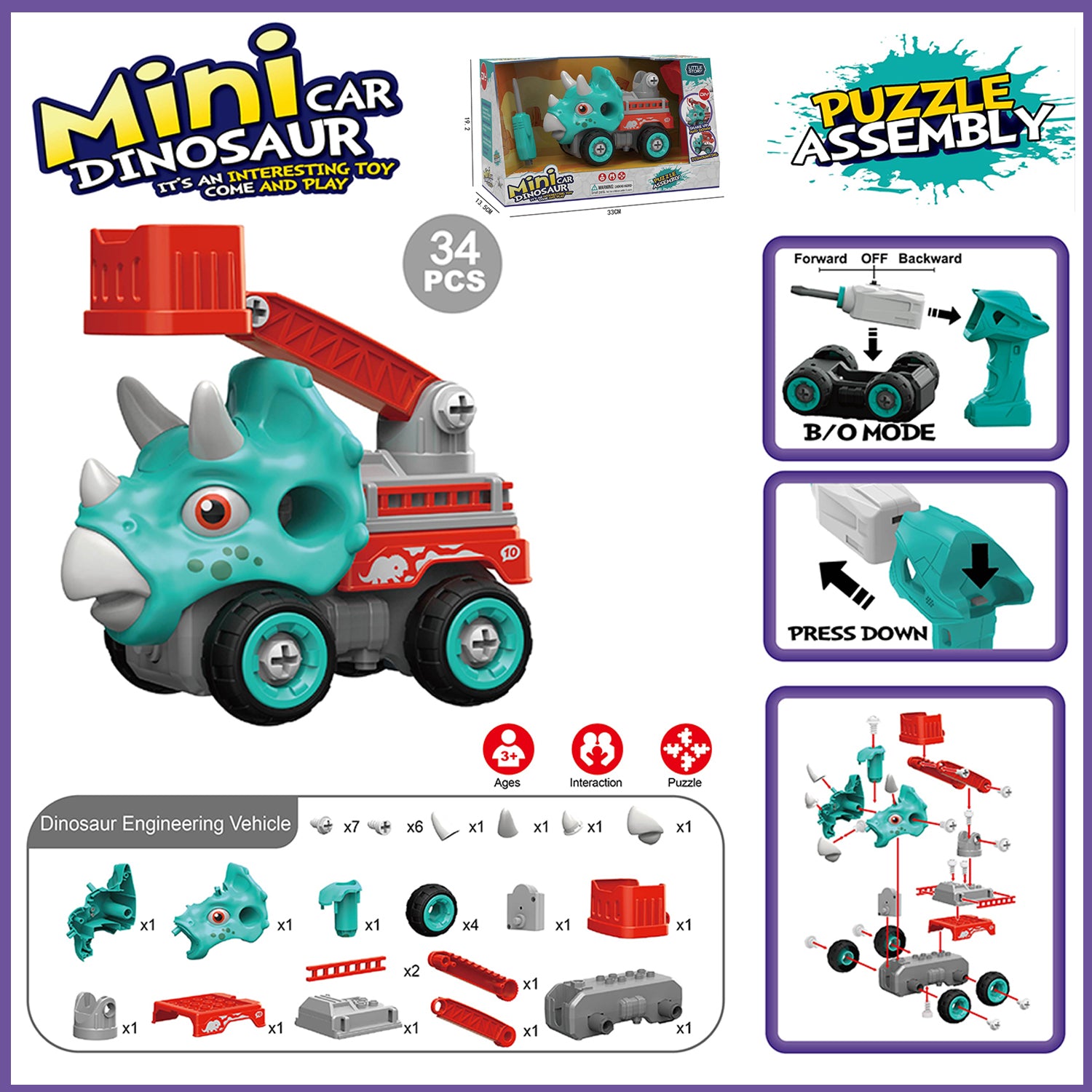 LITTLE STORY - Kids Toy Mini Dinosaur Truck with Remote Control - Green