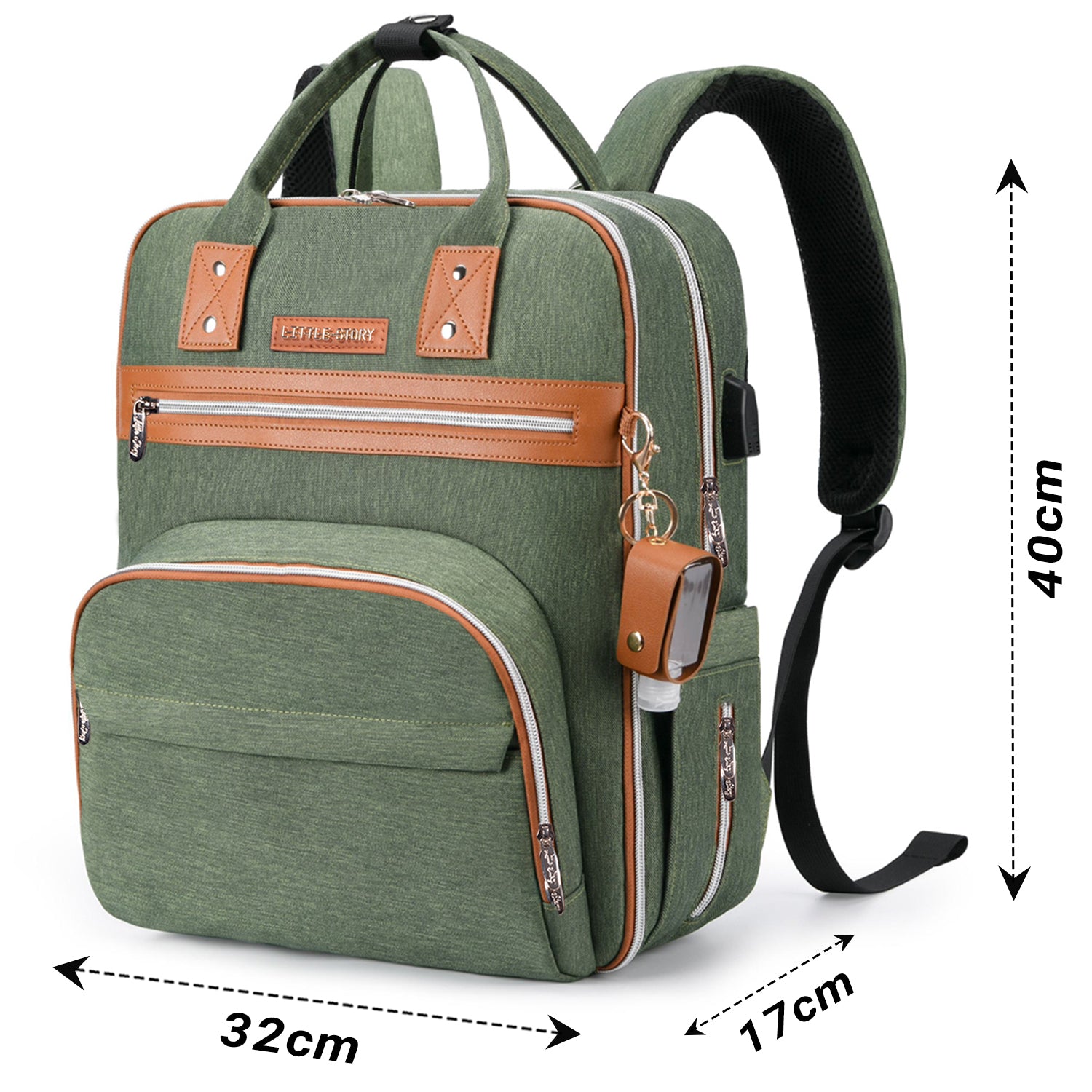 LITTLE STORY 2in1 Diaper Bag w/Sanitizer Bottle keychain & Stroller Hooks - Green