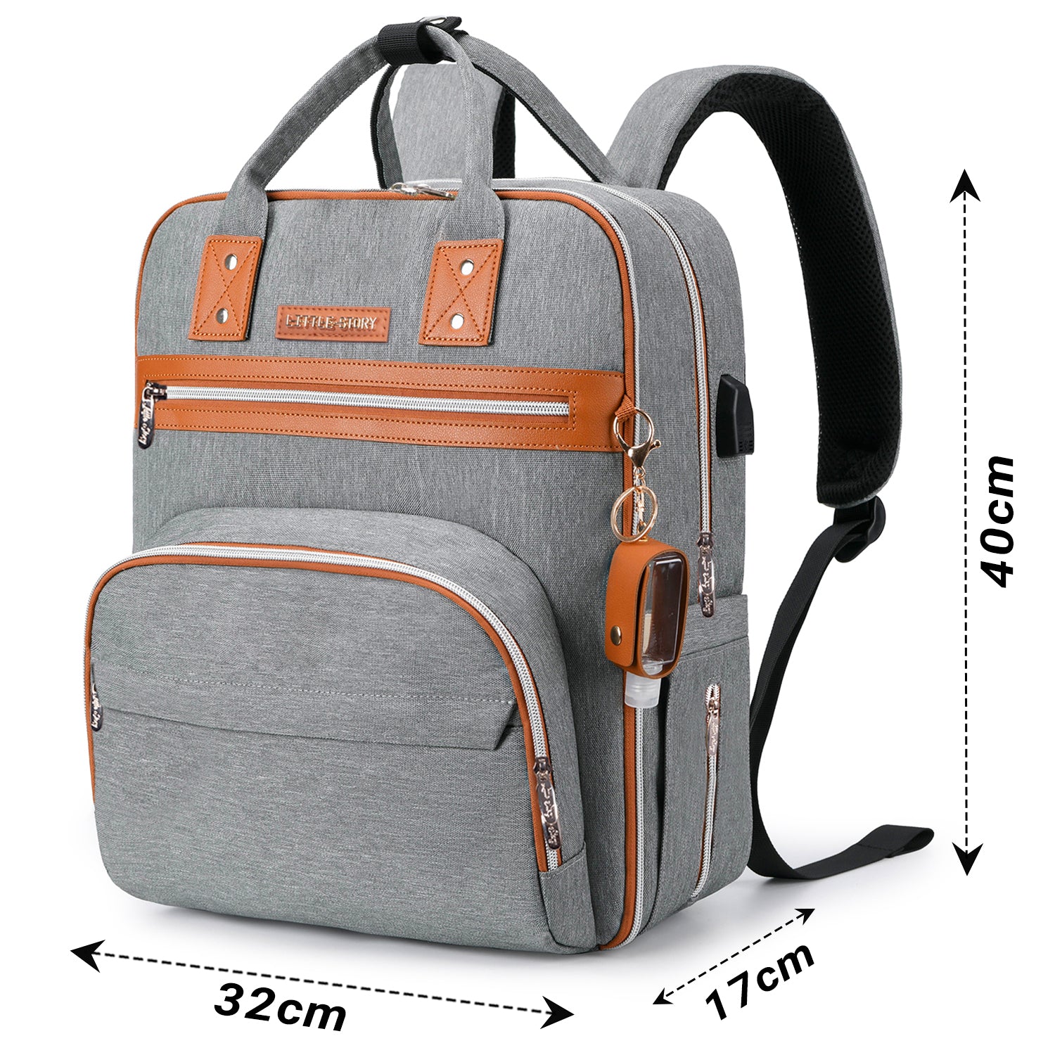 LITTLE STORY 2in1 Diaper Bag w/Sanitizer Bottle keychain & Stroller Hooks - Grey