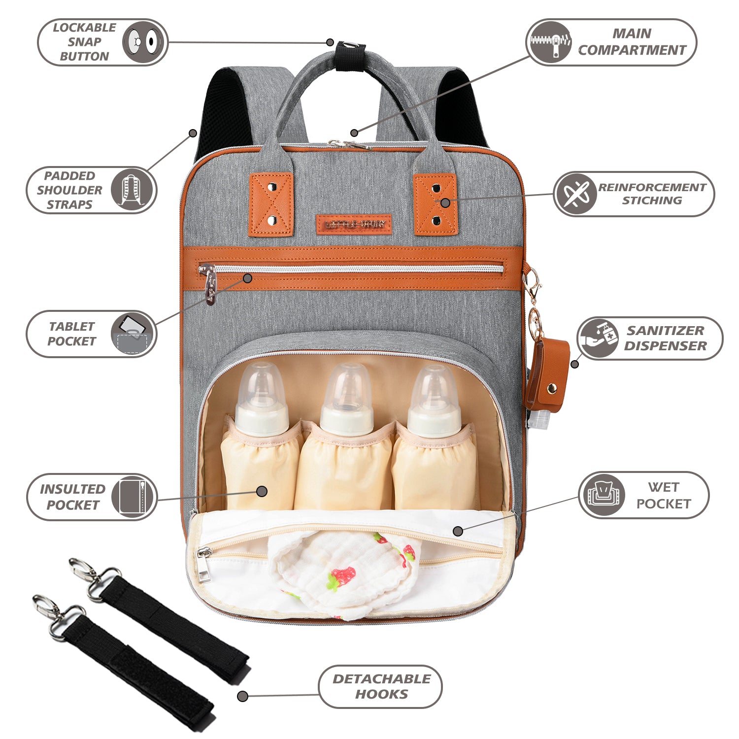 LITTLE STORY 2in1 Diaper Bag w/Sanitizer Bottle keychain & Stroller Hooks - Grey
