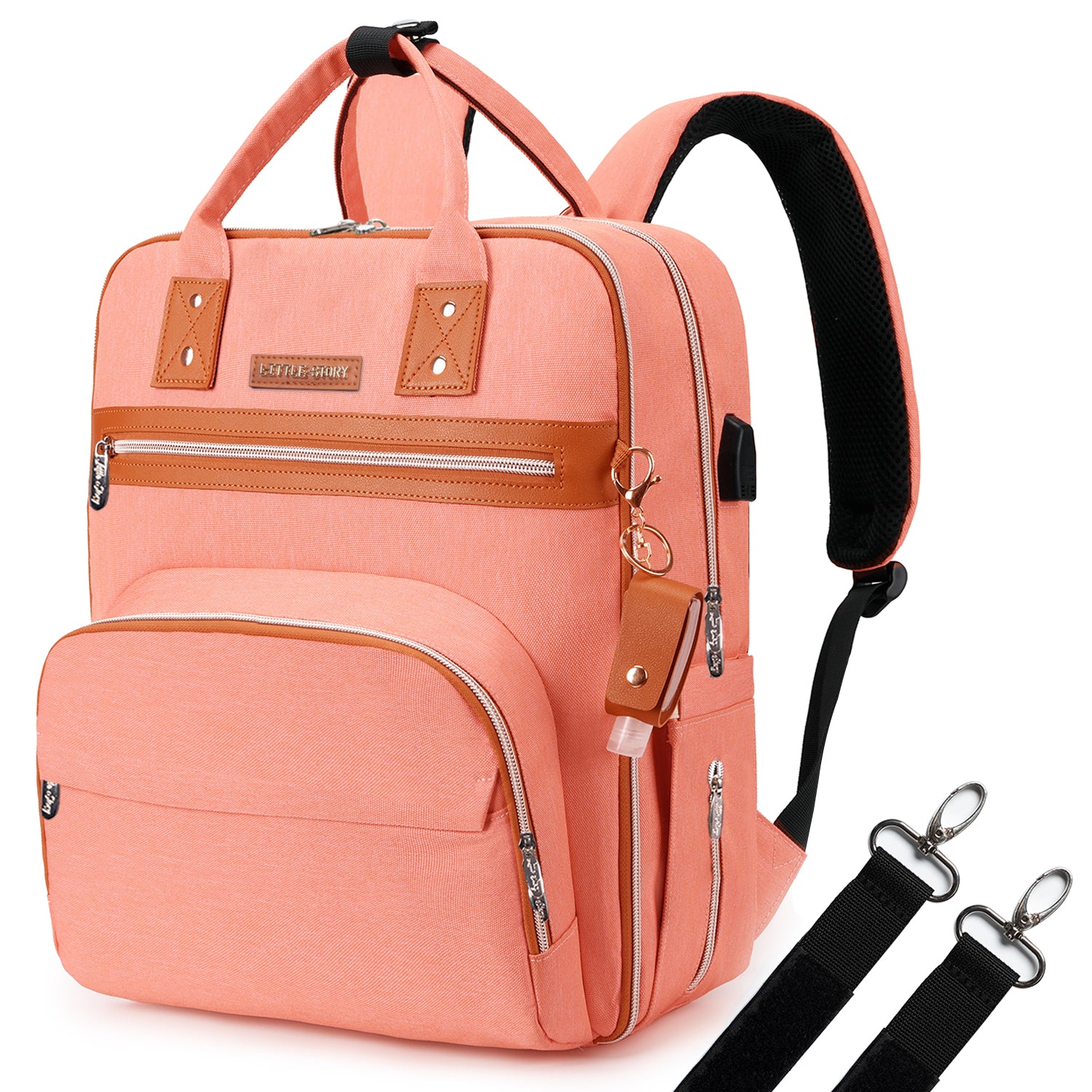 LITTLE STORY 2in1 Diaper Bag w/Sanitizer Bottle keychain & Stroller Hooks - Pink