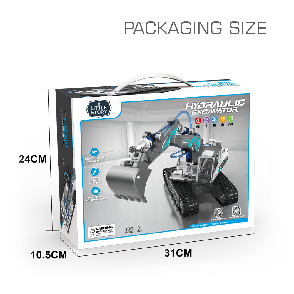 LITTLE STORY DIY Hydraulic Power Principle based 3 - IN - 1 Excavator/Bulldozer/JCB Toy (130 Pcs), STEM Series - Grey