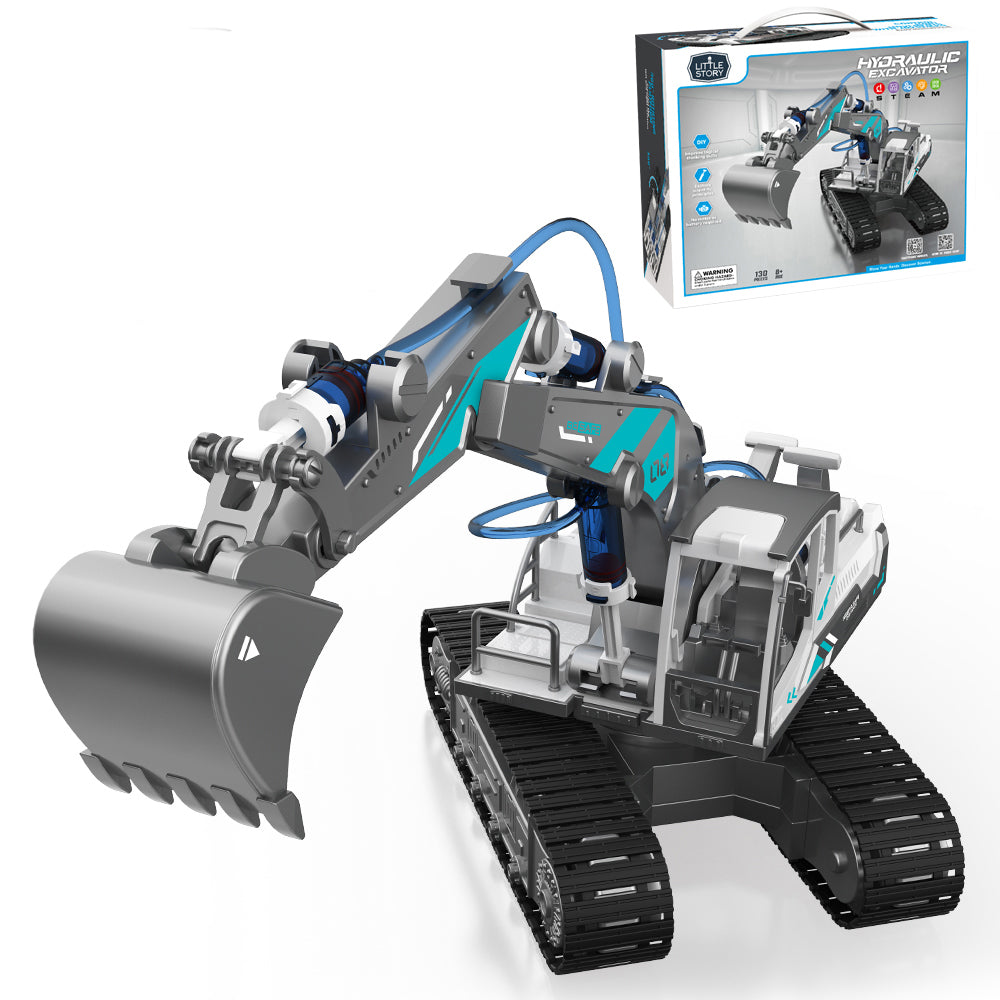 LITTLE STORY DIY Hydraulic Power Principle based 3 - IN - 1 Excavator/Bulldozer/JCB Toy (130 Pcs), STEM Series - Grey