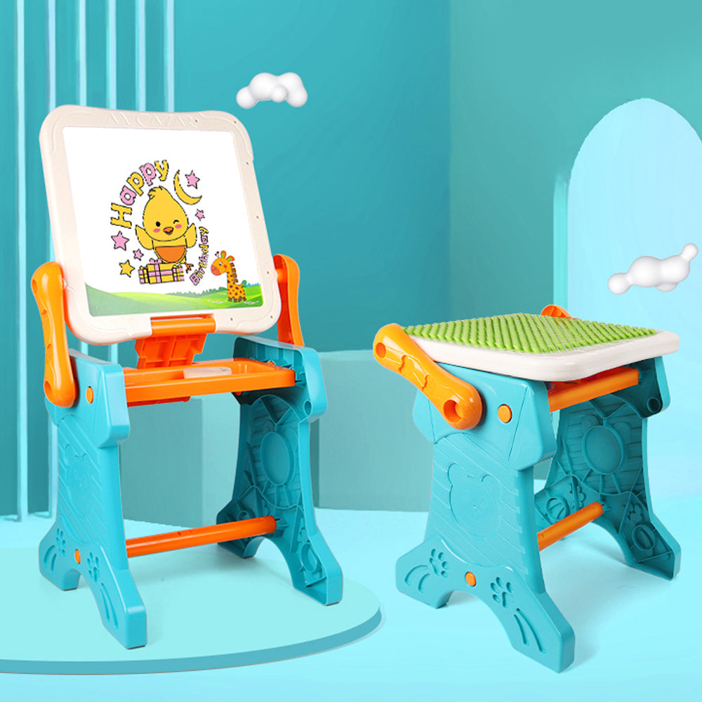LITTLE STORY Double Sided 2 - IN - 1 Blocks Table & Magnetic Learning Board Set with Chair - Multicolor