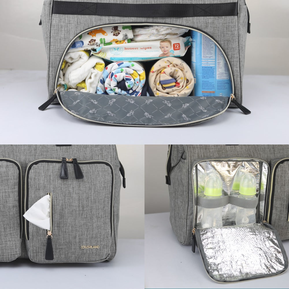 LITTLE STORY Gabrielle Mom Dad XL Travel Diaper Bag w/Diaper Changing Mat - Grey