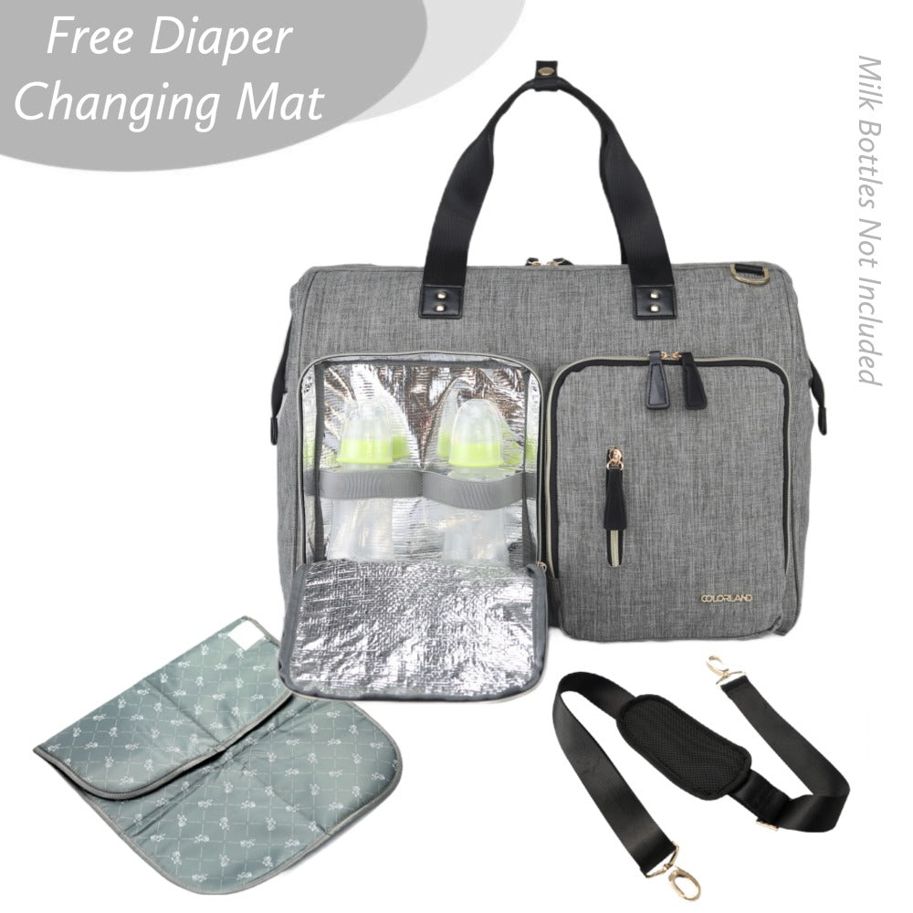 LITTLE STORY Gabrielle Mom Dad XL Travel Diaper Bag w/Diaper Changing Mat - Grey