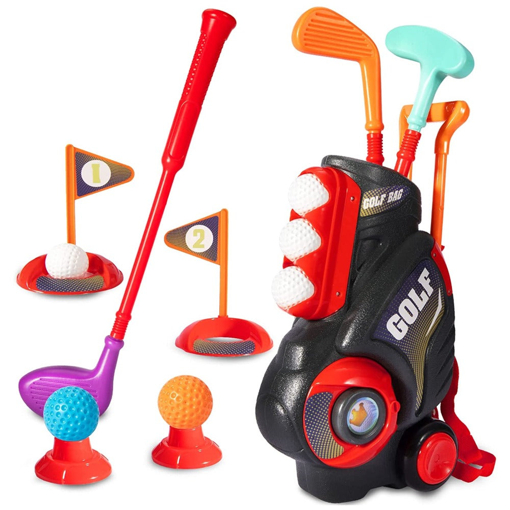 LITTLE STORY Kids Golf Kit w/Mobility Cart, 3 Golf Clubs, 6 Golf Balls, 2 Base, 2 Flag & 2 Practice Holes
