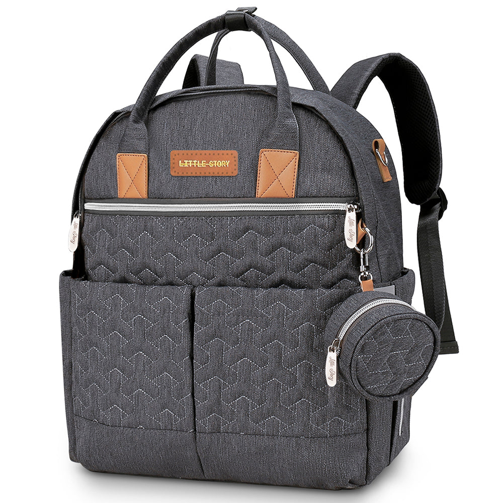 LITTLE STORY Quilted Diaper Backpack w/Pacifier bag and Stroller hooks - Grey