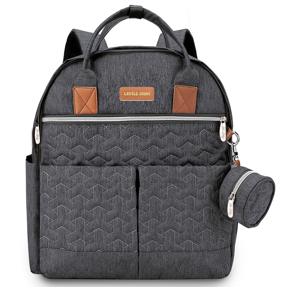 LITTLE STORY Quilted Diaper Backpack w/Pacifier bag and Stroller hooks - Grey