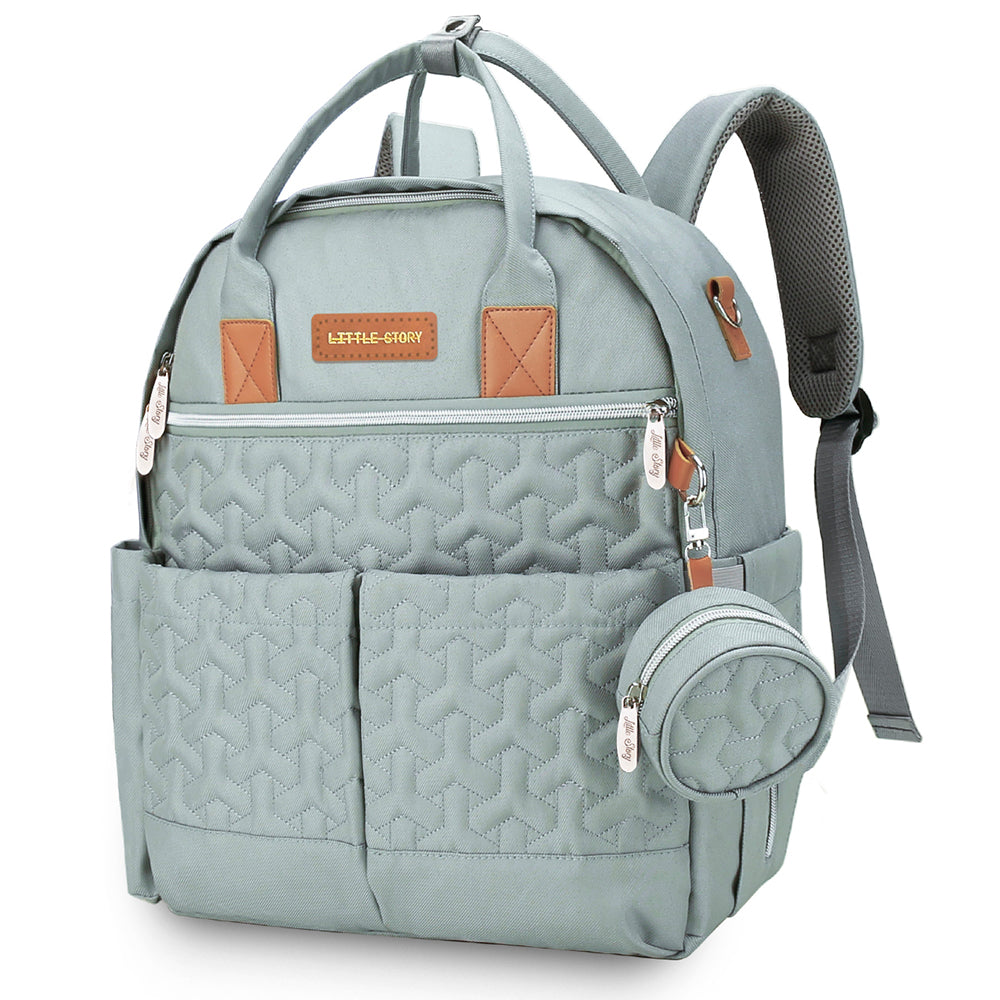 LITTLE STORY Quilted Diaper Backpack w/Pacifier bag and Stroller hooks - Wedgewood Green