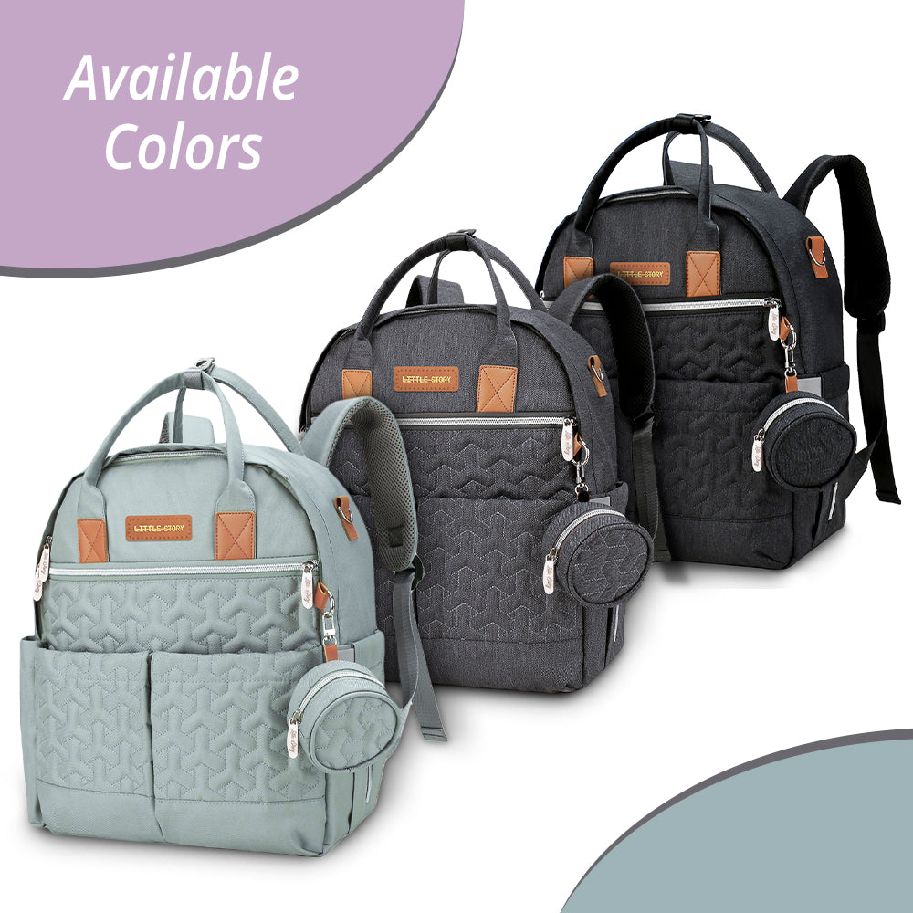 LITTLE STORY Quilted Diaper Backpack w/Pacifier bag and Stroller hooks - Wedgewood Green