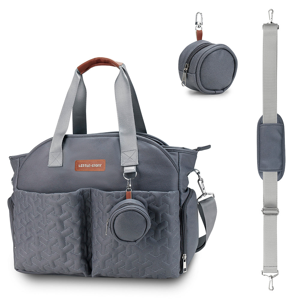 LITTLE STORY Quilted Diaper Bag w/Pacifier Pouch - Dark Grey