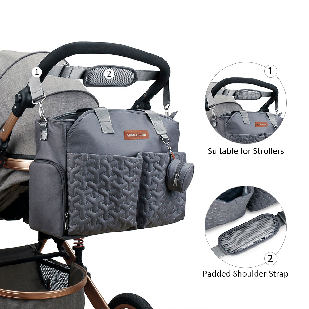 LITTLE STORY Quilted Diaper Bag w/Pacifier Pouch - Dark Grey
