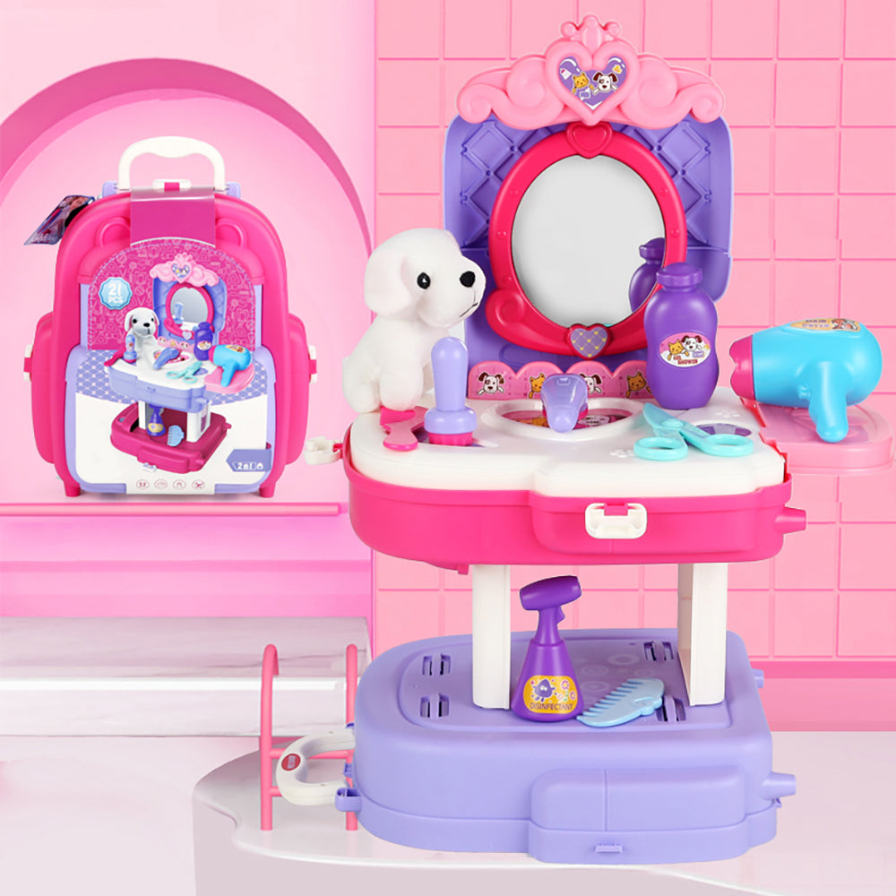 LITTLE STORY Role Play Animal Care/Pet House Toy Set School Bag (21 Pcs) - Purple, 2 - In - 1 Mode