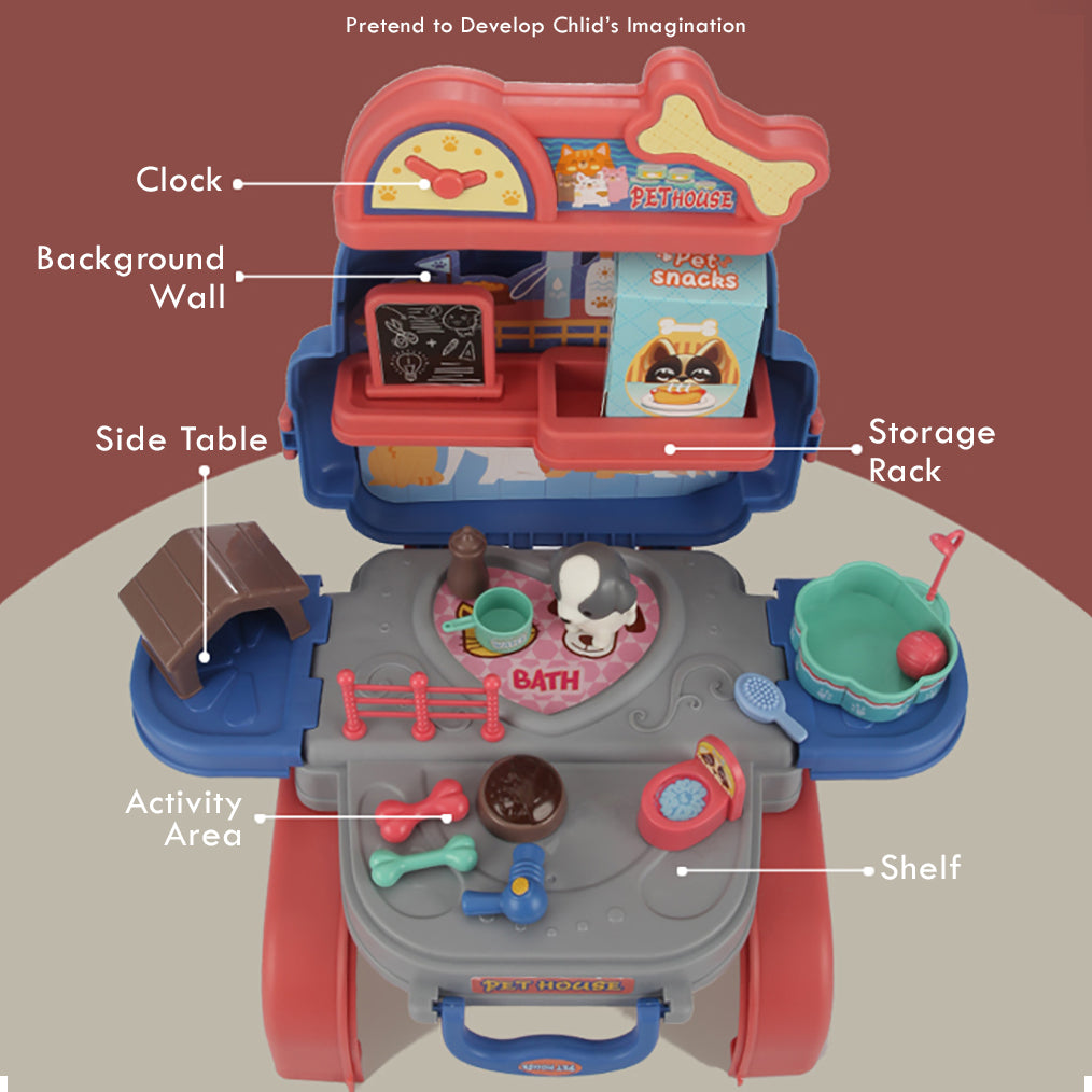 LITTLE STORY Role Play Animal Care/Pet House Toy Set School Bag (26 Pcs) - Blue, 3 - In - 1 Mode