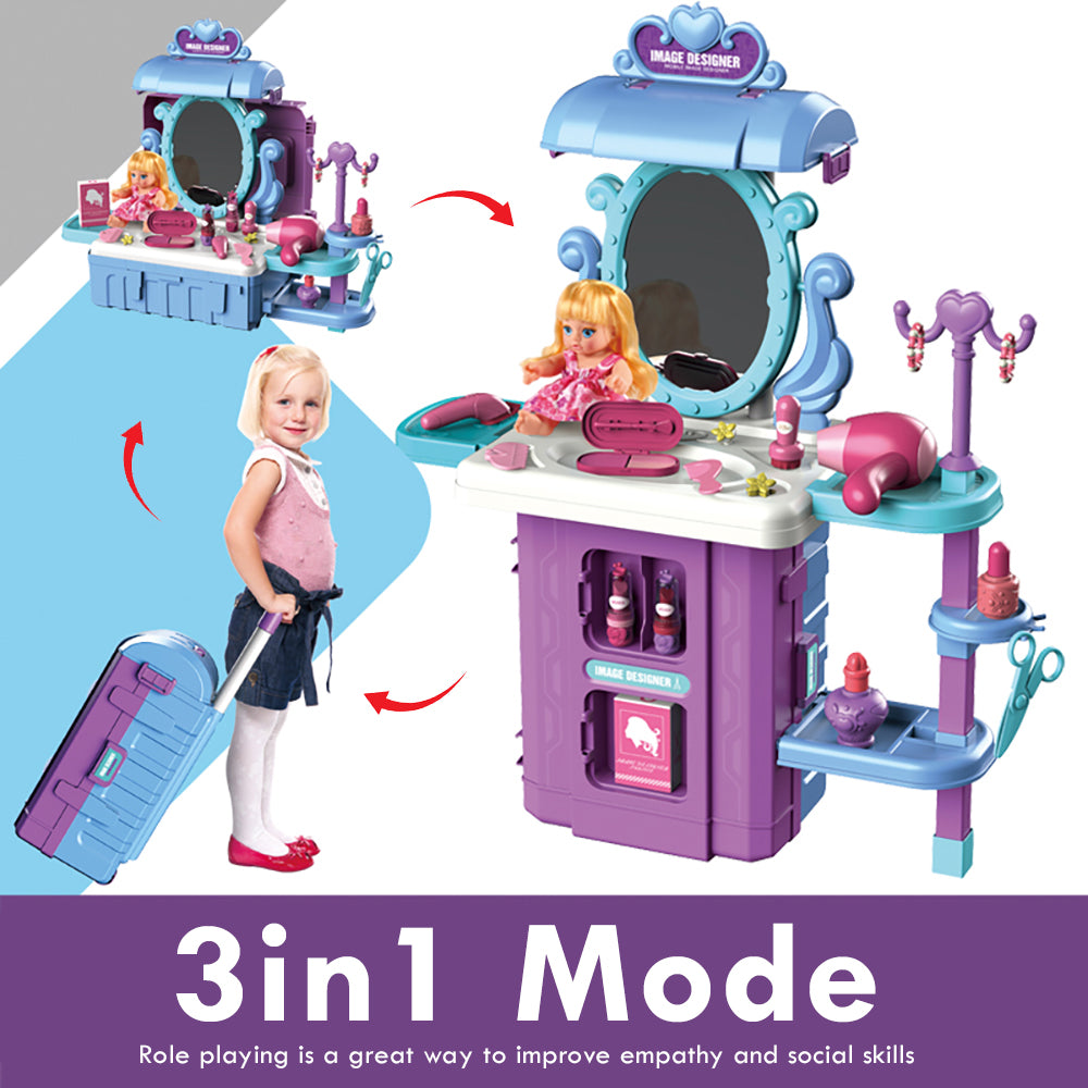 LITTLE STORY Role Play Beautician/Salon/Beauty Parlor Toy Set Luggage Case (39 Pcs) With Doll - Purple, 3 - In - 1 Mode