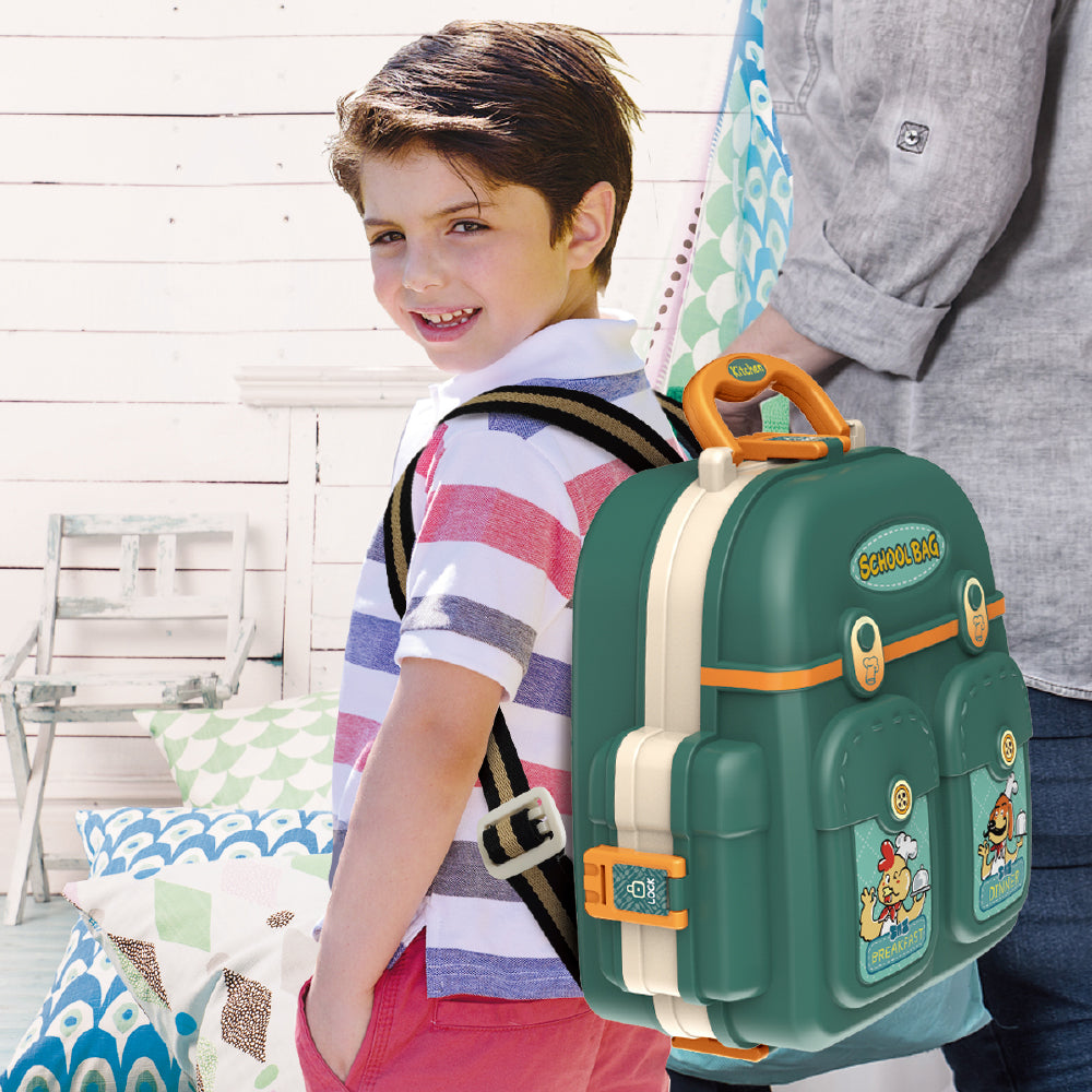 LITTLE STORY Role Play Chef/Kitchen/Restaurant Toy Set School Bag (21 Pcs) - Green, 3 - In - 1 Mode