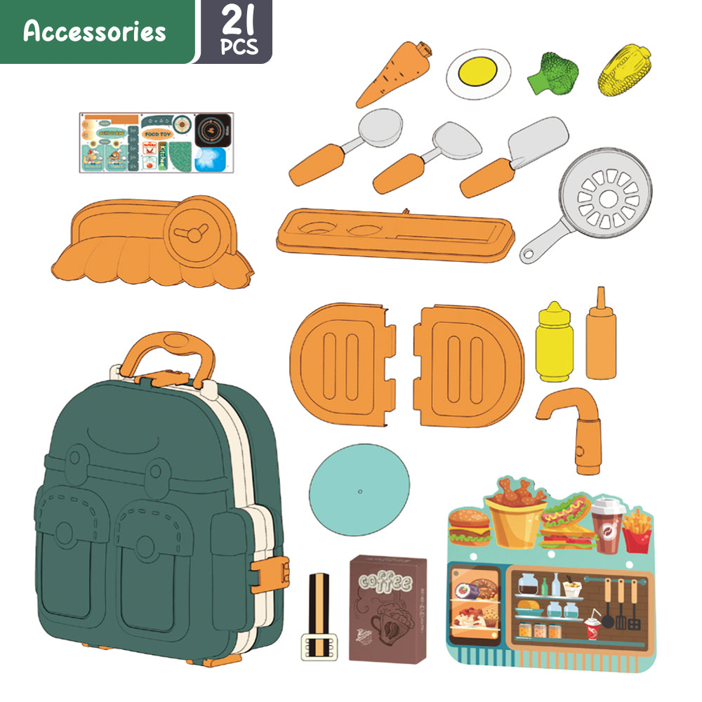 LITTLE STORY Role Play Chef/Kitchen/Restaurant Toy Set School Bag (21 Pcs) - Green, 3 - In - 1 Mode