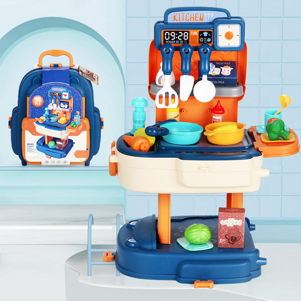 LITTLE STORY Role Play Chef/Kitchen/Restaurant Toy Set School Bag (34 Pcs) - Blue, 2 - In - 1 Mode