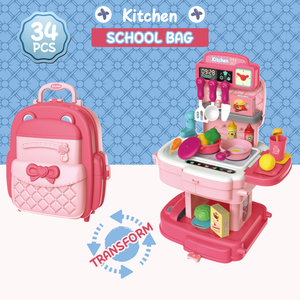 LITTLE STORY Role Play Chef/Kitchen/Restaurant Toy Set School Bag (34 Pcs) - Pink, 2 - In - 1 Mode