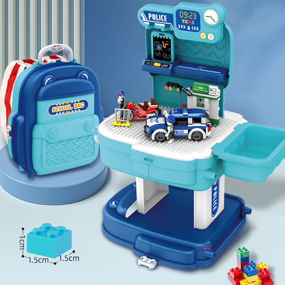 LITTLE STORY Role Play Police Station With Police Car And Block Toy Set School Bag (219 Pcs) - Blue, 2 - In - 1 Mode