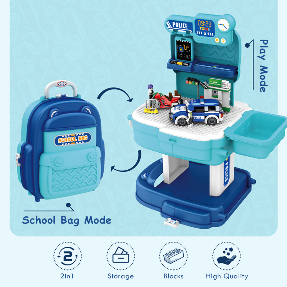 LITTLE STORY Role Play Police Station With Police Car And Block Toy Set School Bag (219 Pcs) - Blue, 2 - In - 1 Mode