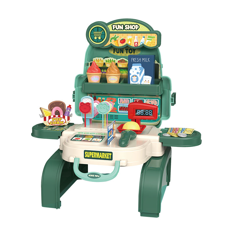 LITTLE STORY Role Play Shopkeeper/Supermarket Toy Set School Bag (36 Pcs) - Green, 3 - In - 1 Mode