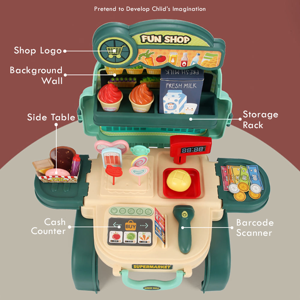 LITTLE STORY Role Play Shopkeeper/Supermarket Toy Set School Bag (36 Pcs) - Green, 3 - In - 1 Mode