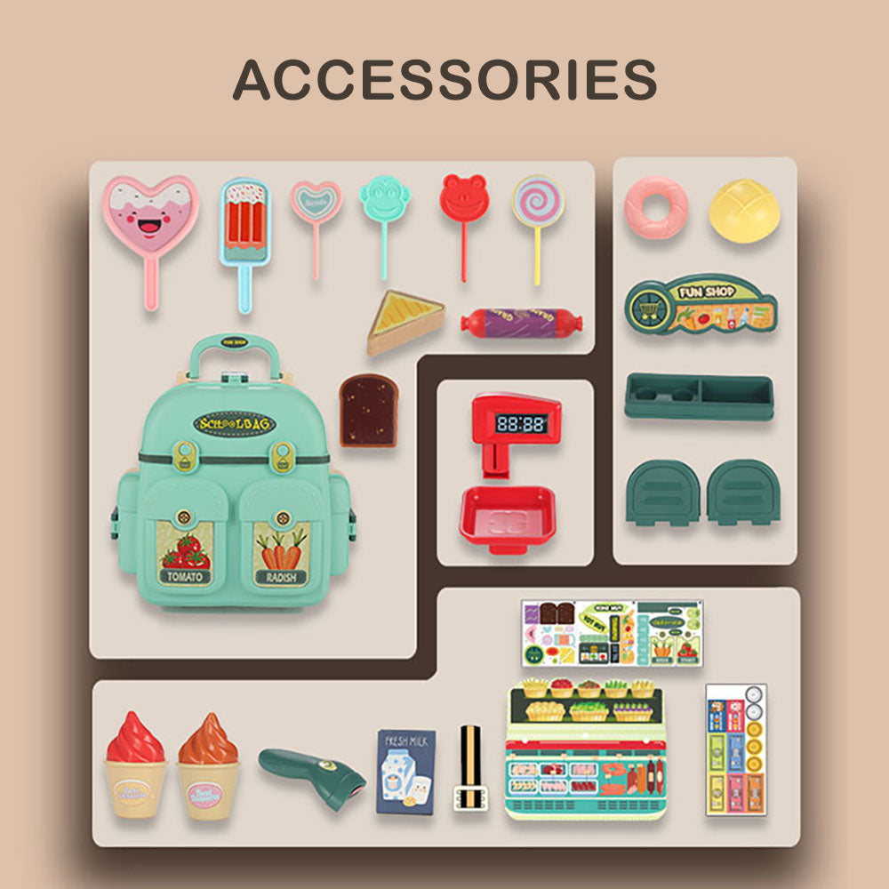 LITTLE STORY Role Play Shopkeeper/Supermarket Toy Set School Bag (36 Pcs) - Green, 3 - In - 1 Mode