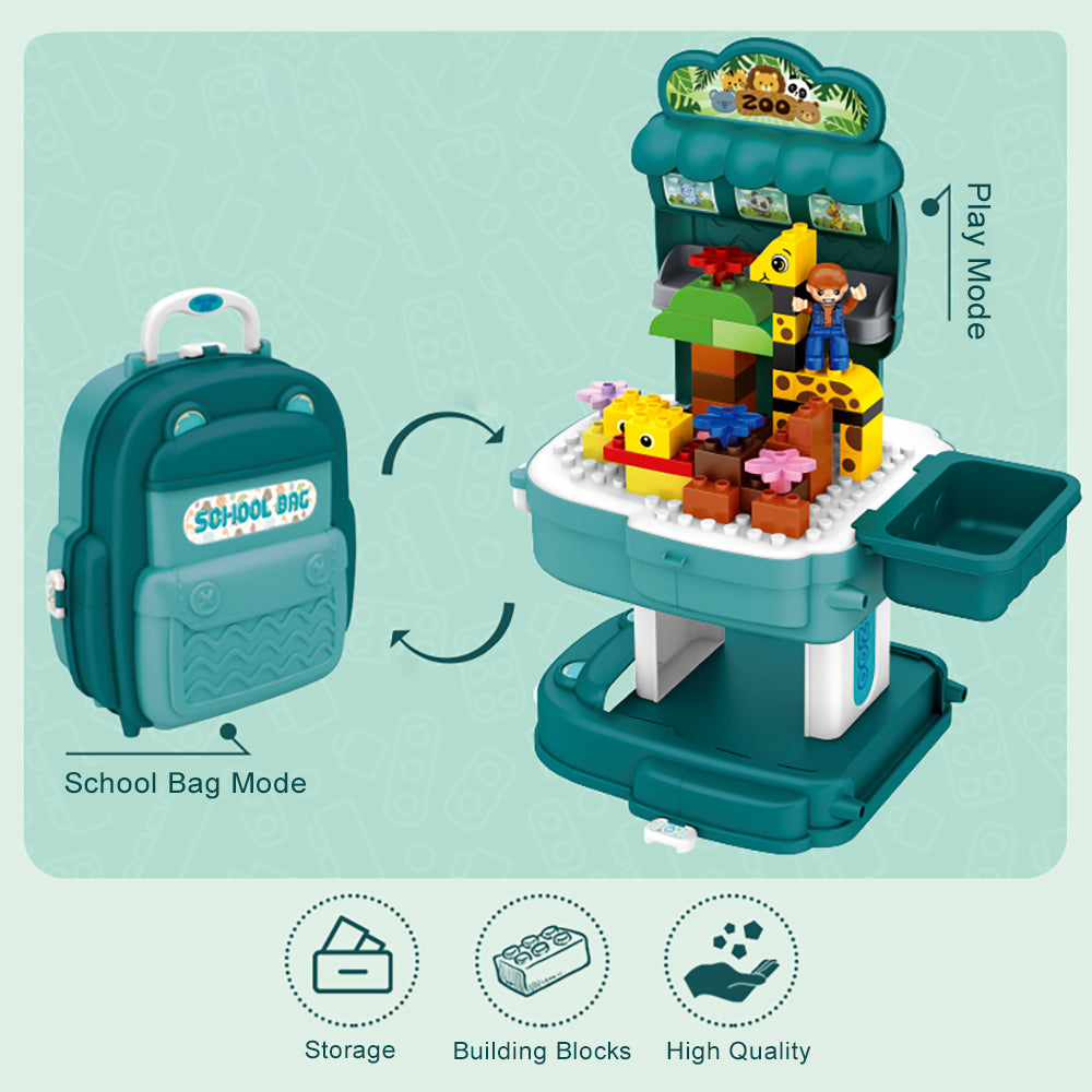 LITTLE STORY Role Play Zoological Park With Block Toy Set School Bag (200 Pcs) - Green, 2 - In - 1 Mode