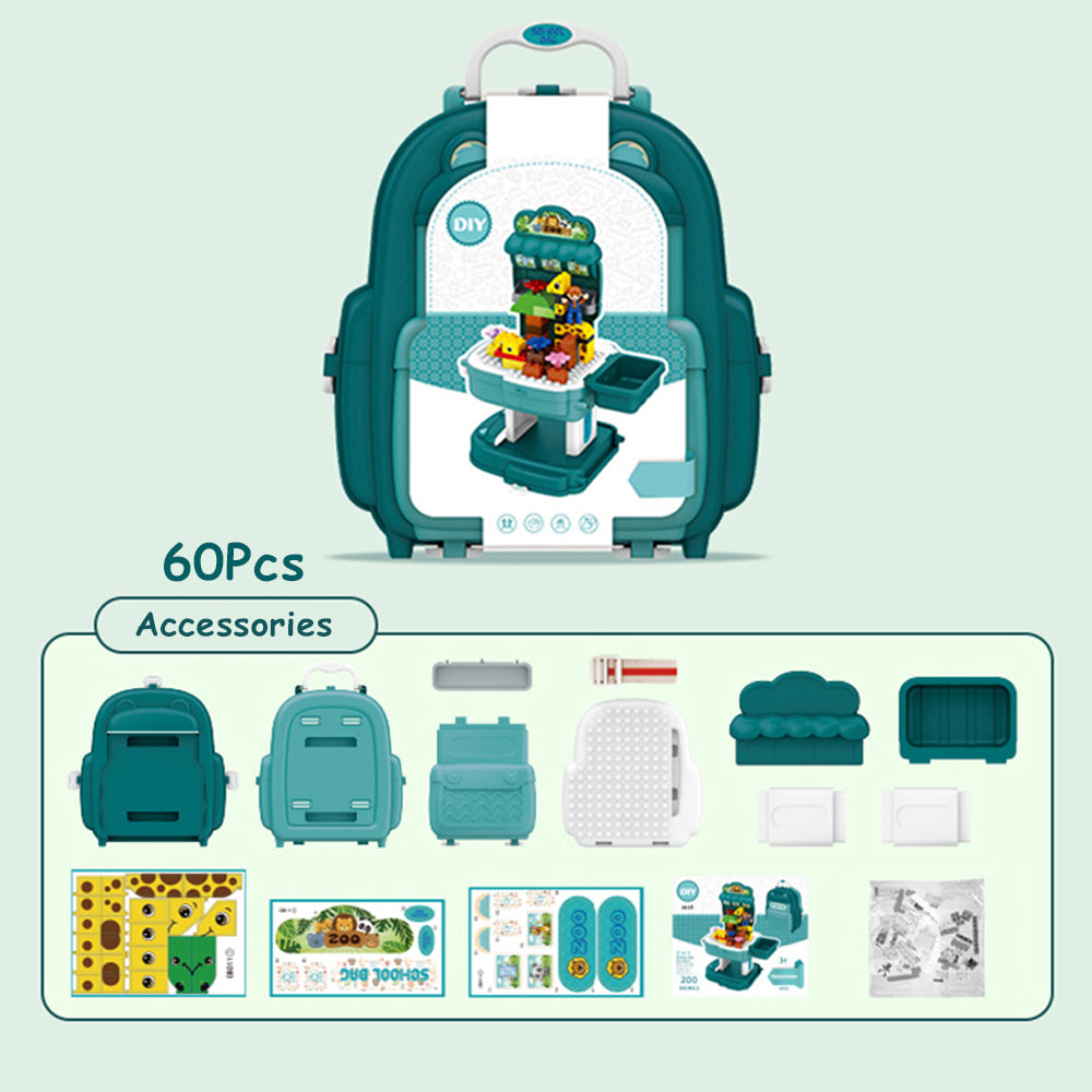 LITTLE STORY Role Play Zoological Park With Block Toy Set School Bag (200 Pcs) - Green, 2 - In - 1 Mode